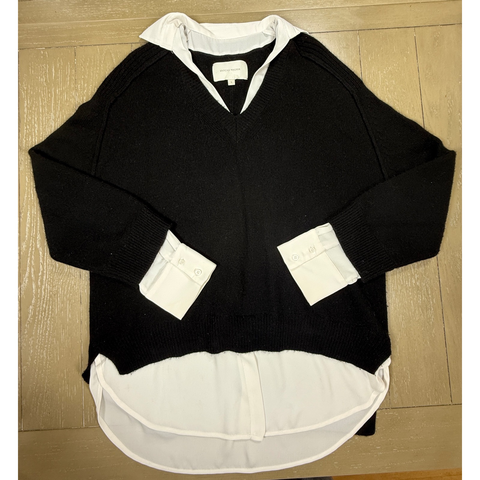 Brochu Walker Layered Sweater Women Large Black Wool Cashmere V-Neck Mixed Media